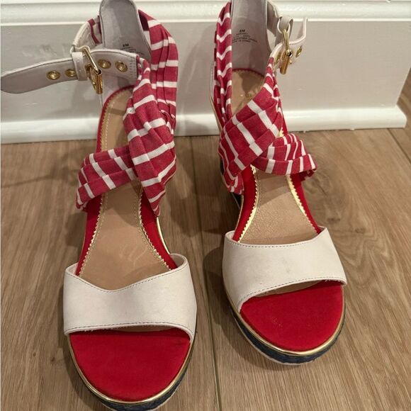 Sperry Red and White Nautical Wedge Sandals - Picture 2 of 5